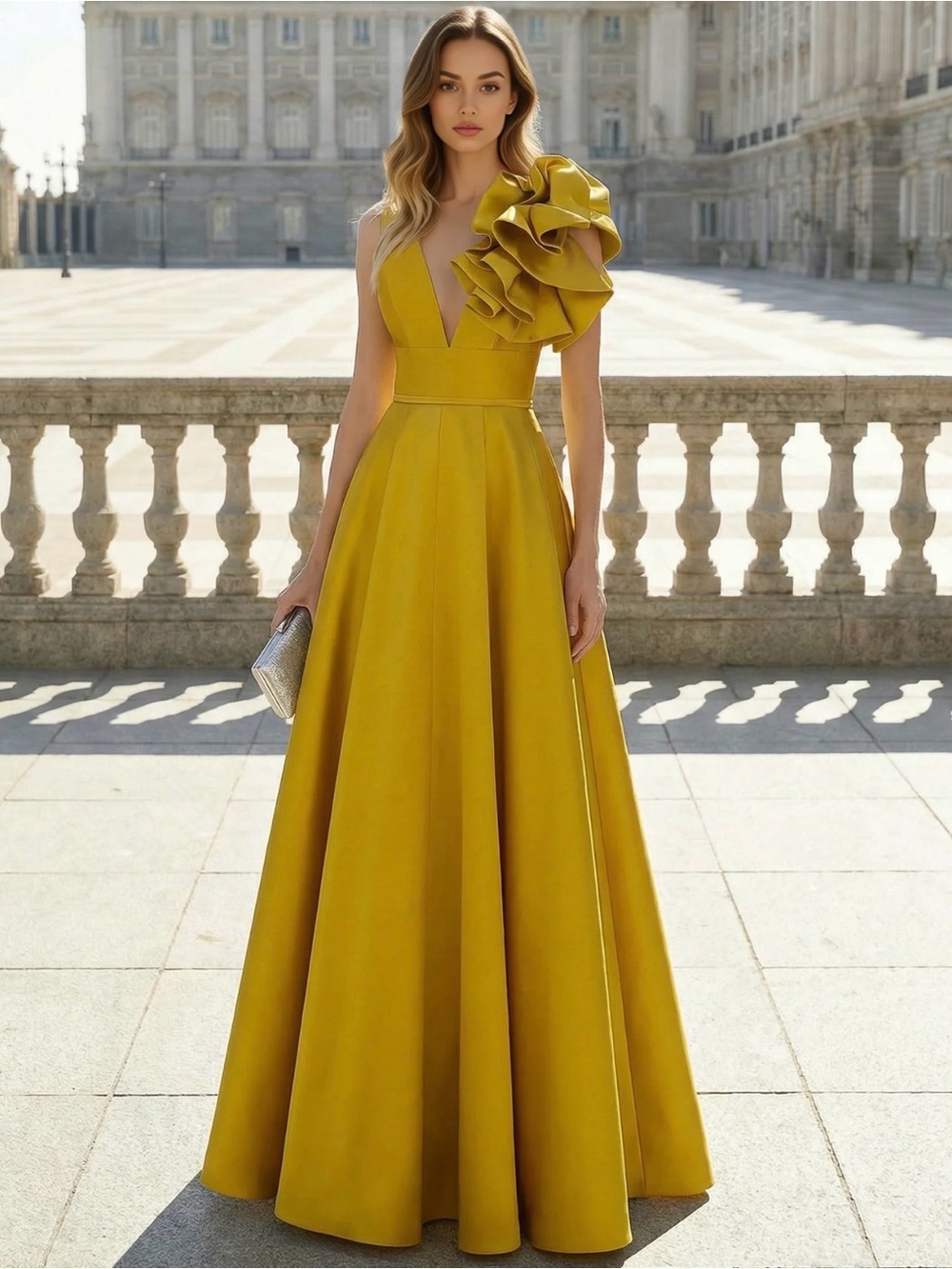 Elegant One-Shoulder Mustard Evening Gown with Ruffle Detail